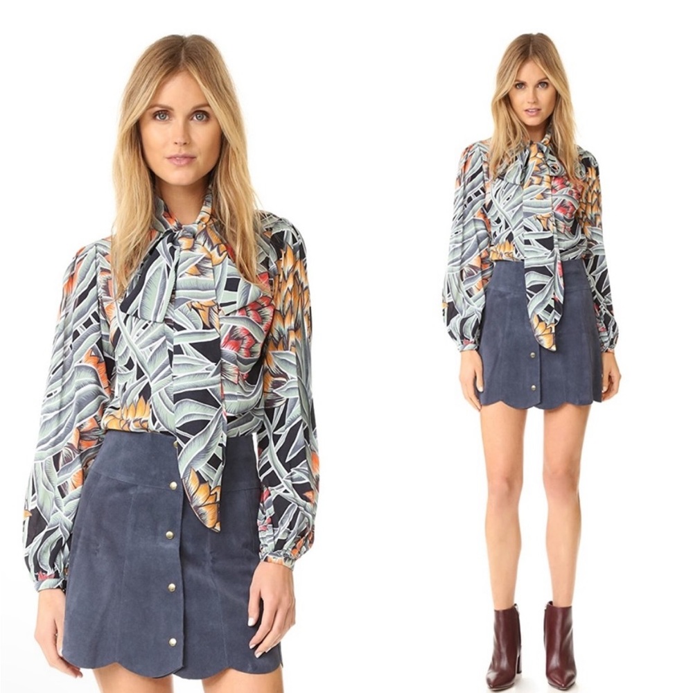 REVOLVE MARA HOFFMAN Black Green Red Tropical Print Tie Neck Deep V Blouse Top - Picture 8 of 15